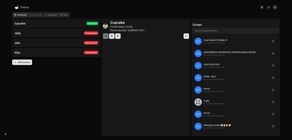 WhatsApp group management interface in Chattea